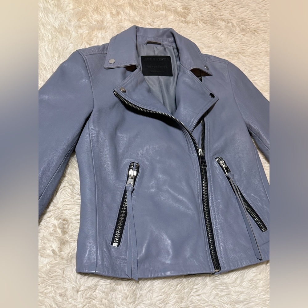 All Saints Dalby Leather Jacket in Grey Steel - Size 2 - Picture 6 of 10